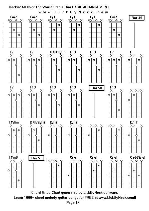 Chord Grids Chart of chord melody fingerstyle guitar song-Rockin' All Over The World-Status Quo-BASIC ARRANGEMENT,generated by LickByNeck software.